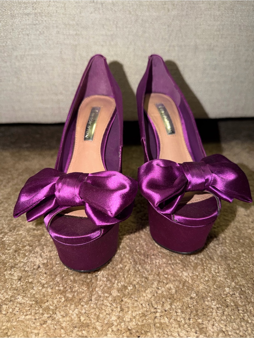 Purple Satin Peep-Toe Platform Pumps with Bow